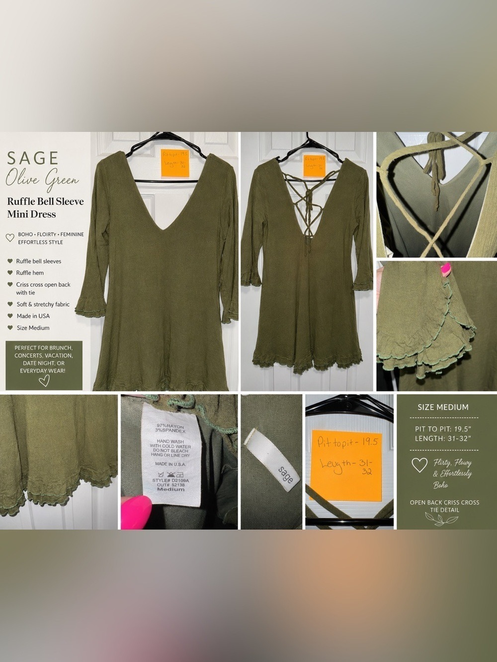 Sage Olive Green Ruffle Bell Sleeve Mini Dress Boho Criss Cross Back M